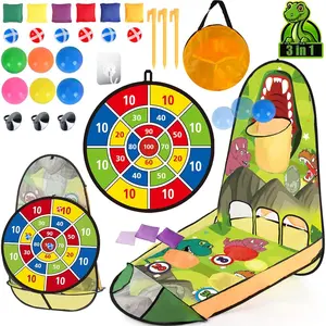 3 in 1 Bean Bag Toss Game Toy Outdoor for Kids, Dinosaur Foldable Cornhole Board with Pop Up Basketball Game and Dartboard Set, Gift for Birthday/Xmas Party, Outside Toys for Toddlers Age 3+