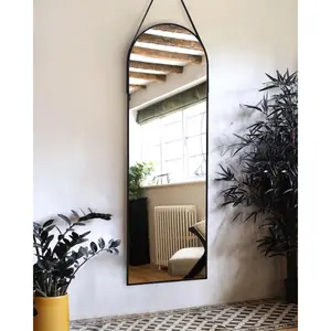 16''x48'' Arched Full Length Mirror for Wall, Full  Arched-Top  Mirror or Wall Mounted in Bedroom, Living Room,  Alloy Frame with Straps (Black)