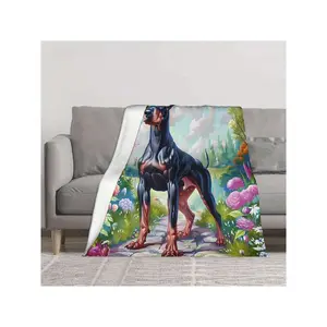 1pc Cute Doberman Pinscher Dog Print Flannel Blanket, Soft Warm Cozy Skin Friendly Washable, Bedroom Sofa Bed Car Camping Office Home Decor, Multipurpose All Seasons