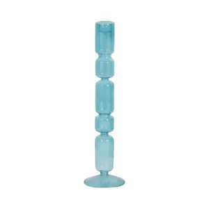 212 MAIN 14 in. Blue Glass Tapered Mixed Bubble Candle Holder, Home Decor Candle Stand, Home Accessories, Interior Decoration Accessories