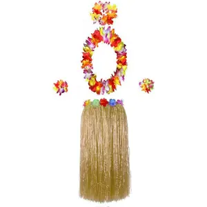 Hawaiian Luau Hula Grass Skirt with Large Flower Costume Set for Dance Party Decorations Favors