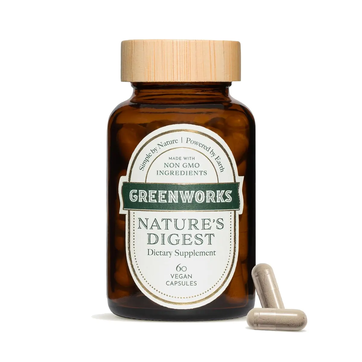 Greenworks Nature's Digest Daily Digestive Supplement - Probiotic, Prebiotic, Fiber, Digestive Enzymes & Herbal Blend with Psyllium Husk, Triphala & Saccharomyces Boulardii, 60 Vegan Capsules