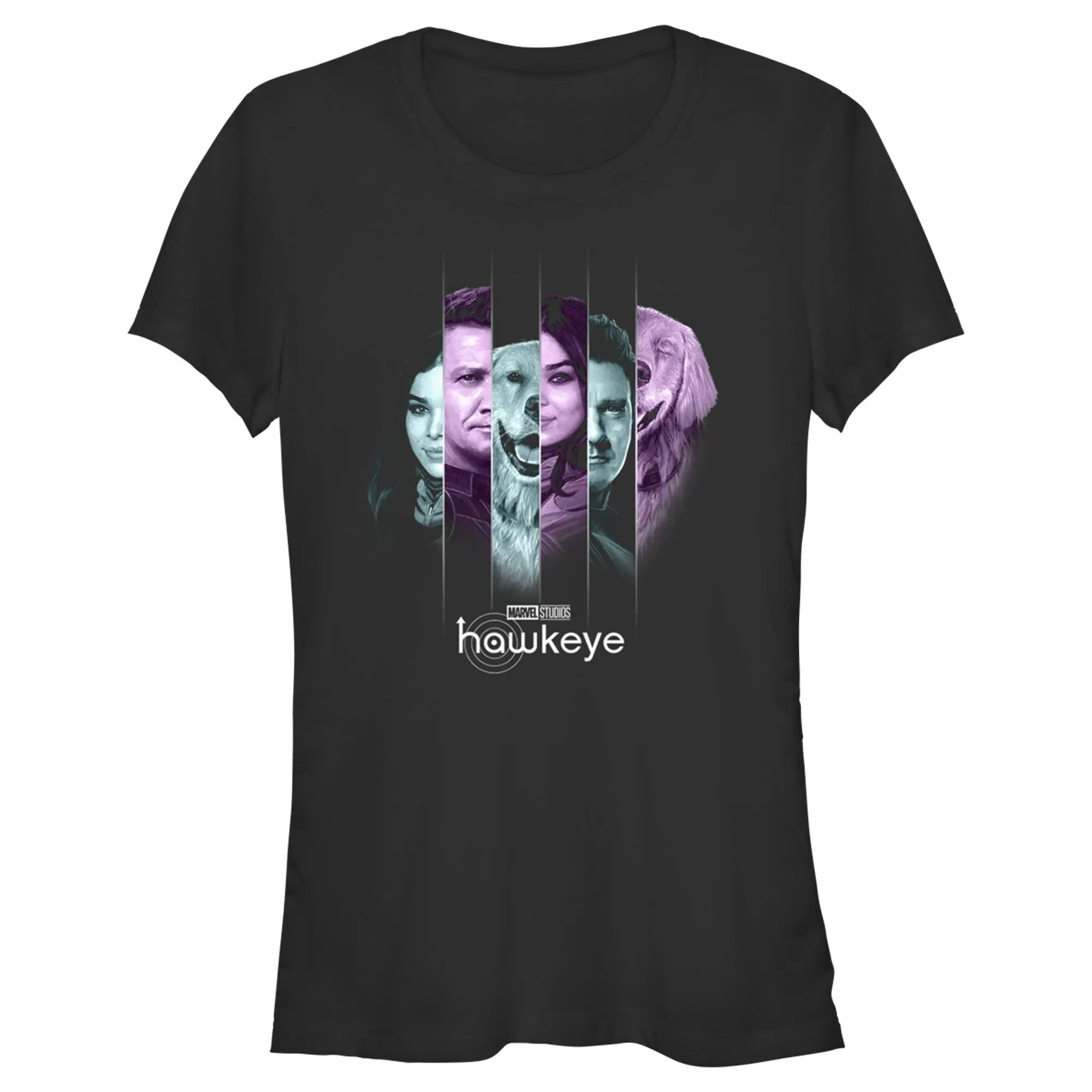 Juniors Womens Marvel Hawkeye Kate Bishop and Lucky the Pizza Dog Split Panels T-Shirt