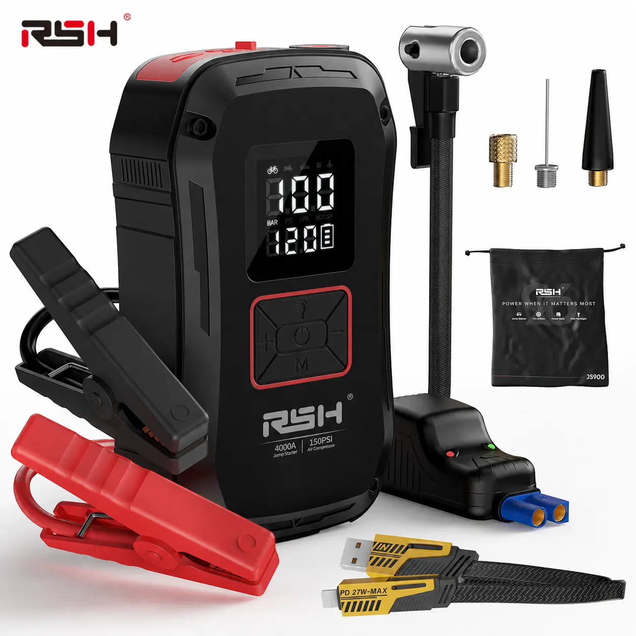 【RSH】Portable Car Jump Starter 4000A UltraSafe with 150PSI Tire Inflator, Diesel Engines, 12000mAh Power Bank, LED Light, Upgraded Cooling Fan & Motherboard|Genuine version|