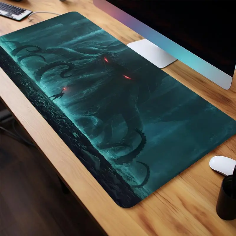 Cthulhu Mythos Fantasy Design Large Gaming Mouse Pad, Gaming Desk Accessory, Office Desk Accessories, Non-slip Rubber Base Stitched Edge Desk Pad for Desk Laptop Desktop