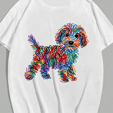 Women's Classic All-Seasons Printed T-Shirt - Colorful Doodle Dog Graphic, Smooth Soft Fabric, Comfortable Fit, Everyday Casual Wear, Gift for Dog Lovers Statement Top