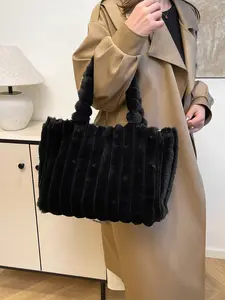 1 Piece Plush Large-Capacity Tote Bag, Autumn and Winter Furry Vertical Striped Fashion Solid Color Stylish Tote Bag for Women, Autumn and Winter Textured Furry Bag with Niche Design Fashion Shoulder Bag, Multiple Colors Available