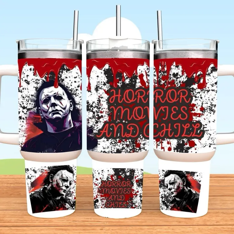 Michael Myers Tumbler 40oz Stainless Steel Horror Halloween Handmade Lid Straw Bottle Drinkware Water Bottles Cup Mug Portable Bottled Washable Reusable Insulated Flasks