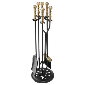 VEVOR Fireplace Tool Set, 5 PCS Fire Tool Set and Holder with Five-Prong Stand, Tongs, Ash Shovel, Brush, Fire Place Poker, Wrought Iron Fireplace Accessories for Indoor/Outdoor, Black & Brass