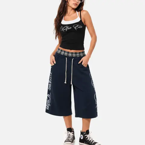 Aelfric Eden Double Waist Script Wide Leg Shorts Double Waist Contrast Design Symmetrical Script Print Oversized Wide Leg Fit Adjustable Drawstring Waist Heavyweight Soft Fabric Unisex Streetwear Shorts