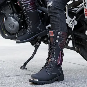 Men'S Thick-Soled Anti-Slip Long Boots, Fashionable Versatile High-Top Lace-Up Motorcycle Boots