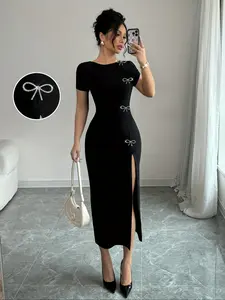 Women's Elegant Feminine Formal Bodycon Dress, Bowknot Detail, Slit, Boat Neck Short Sleeve, High Stretch Fabric, All Seasons Wearable, Womenswear