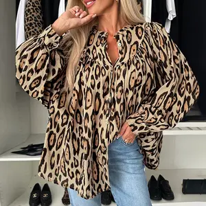ChicMe Women's Leopard Print Round Neck Long Sleeve Front Button Blouse Casual Top Shirts Womenswear Polyester Comfort