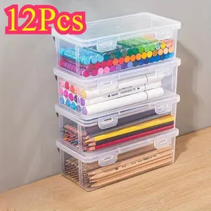 12-piece large transparent plastic storage box with hinged lid - suitable for storing pens, pencils, and markers, a perfect storage box for work and school supplies, and a desk organizer
