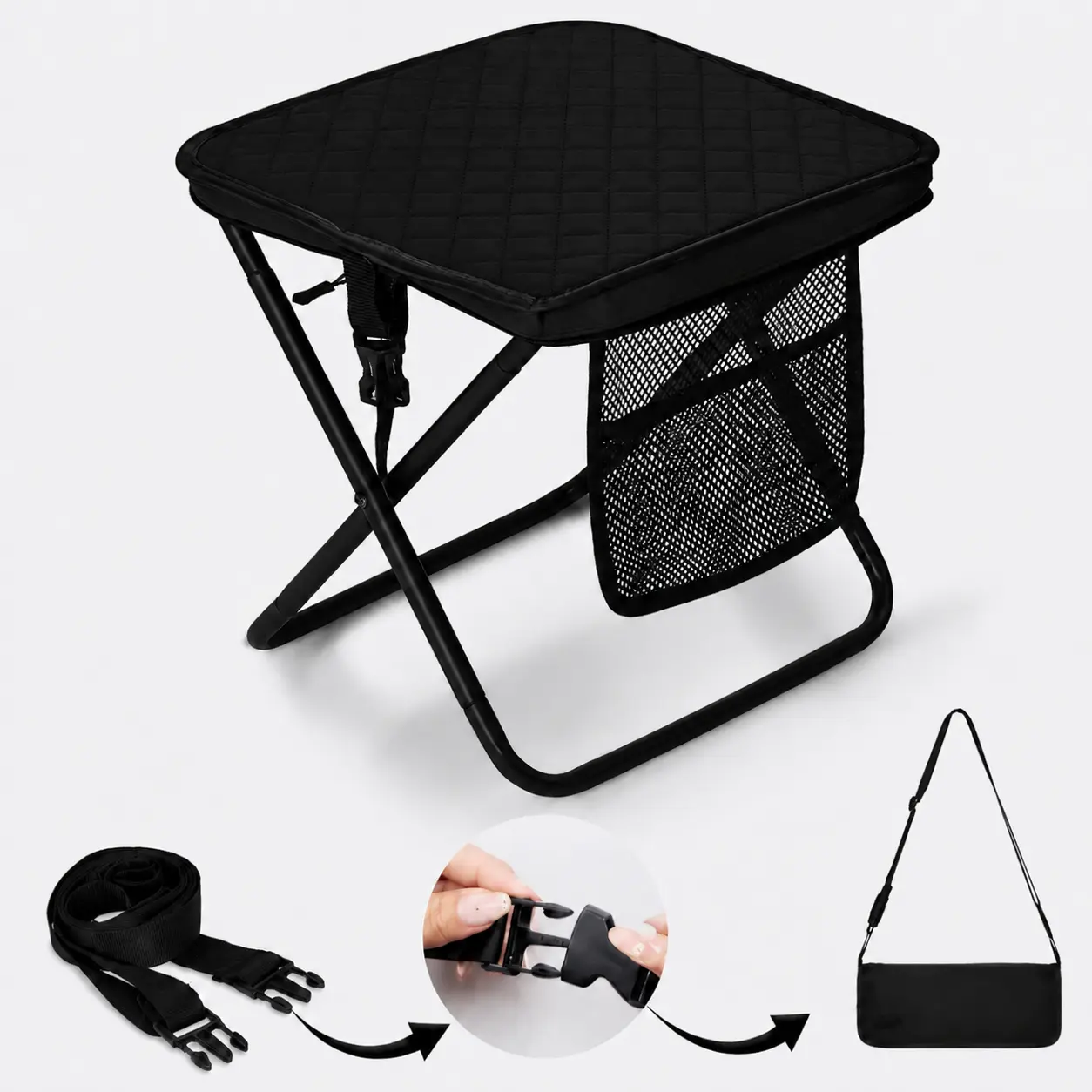 Upgraded Extra-Thick Padded Folding Camping Stool with Aluminum Frame, Mesh Storage Bag, Carry Strap, Hands-Free Design, Supports 440lbs, Portable Metal Seat for Hiking/Fishing, Outdoor Trips, Mesh Pocket, Unisex, Adult Fit, Hands-Free Carry, Folding Port