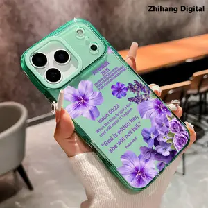 Christian God is Bible Verses Purple Floral Cascade Premium Crystal Phone Case for iPhone 17 Pro Max Air 16 Plus 15 14 13 12 11 Shockproof Non Slip Military-Grade Protection Silicone Cover Cellphone Protective Smartphone Casing