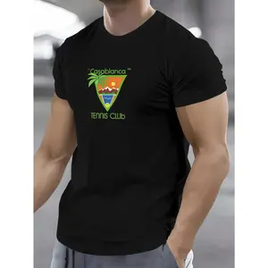 Casablanca Tennis Club Men's VC11996796 Black Short-Sleeve Round-Neck T-Shirt Regular Fit Cotton Crochet Print Breathable Lightweight Unisex Gift - Menswear
