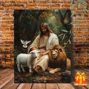 1pc Wooden Framed Canvas Painting Jesus with Lamb and Lion Dove Nature Forest Art Prints Wall For Bedroom Living Room Home Decor Religious Spiritual Canvas Print Poster Picture With Framed Ready to Hang Gift