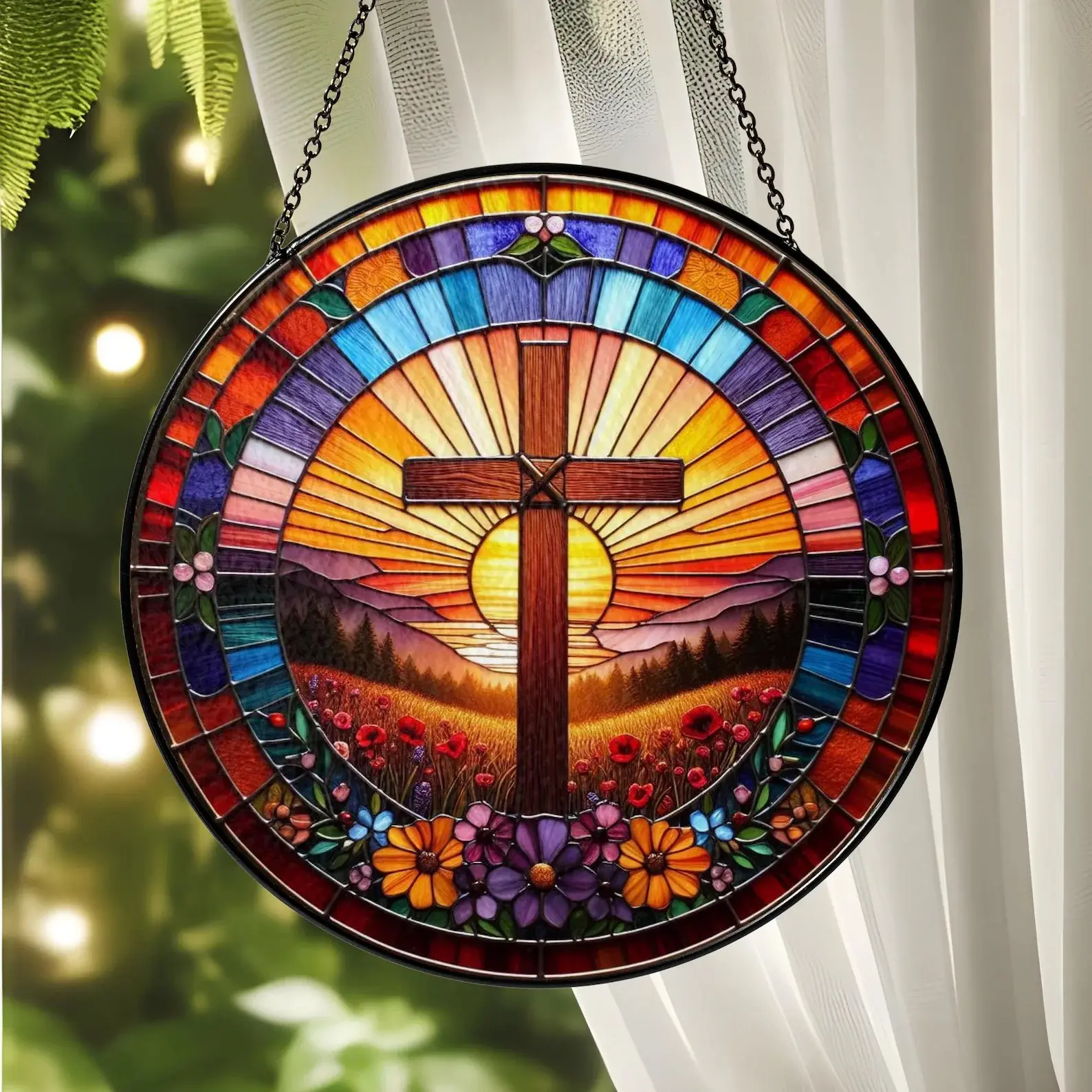 Christian Cross Stained Glass Suncatcher Window Hanger Circular Hanging Art Ornament Premium Handcrafted Faux Glass Acrylic with Chain Beautiful Religious Memorial Gift for Easter Mother's Day