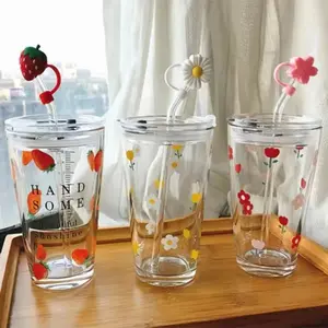 Cute Glass Cups With Straw Heat Resistant Coffee Cup 1PC