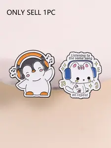 Cute Animal Enamel Badge, Emblem Badge Decoration, Soft and Healing Music Culture Style, Cat with Blue Earphones, Dancing Penguin, Perfect for Cat Lovers and Music Fans