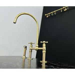 Handmade Unlacquered Brass Ball Center Bridge Faucet with Sprayer