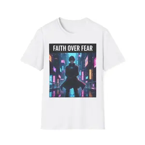 Faith Over Fear graphic tee | Cyberpunk silhouette cityscape T-Shirt