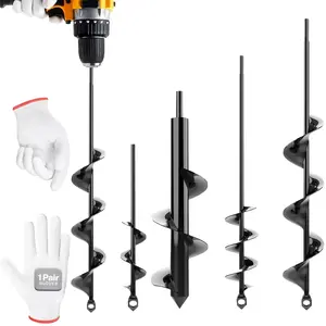 Post Hole Diggers, 4pk Auger Drill Bit for Planting with Gloves - Heavy Duty Garden Spiral and Bulb Planter Tool for Digging Holes - Compatible with 3/8 Inch Hex Drive (1.6 x 8.6 + 3 x 12 + 2 x 14.5 + 2.6 x 16.5 Inch)