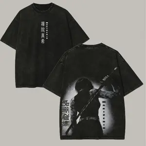 Men's Jujutsu Kaisen Zenin Maki Printed Distressed Short-Sleeve Washed Round Neck T-Shirt - Unisex Vintage Casual Streetwear Top, Shortsleeve
