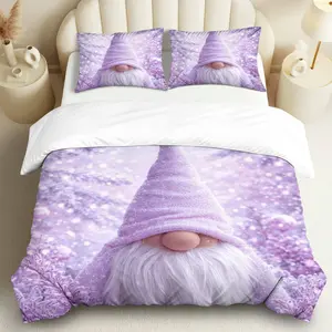 3PCS Duvet Cover Set, 1 Duvet+2 Pillowcases(Without filler), Gnome Purple Winter Magic theme, Christmas bedding set, Cozy Soft Polyester Suitable for decoration Bedroom, Guest Room, Living Room, Hotel Room.