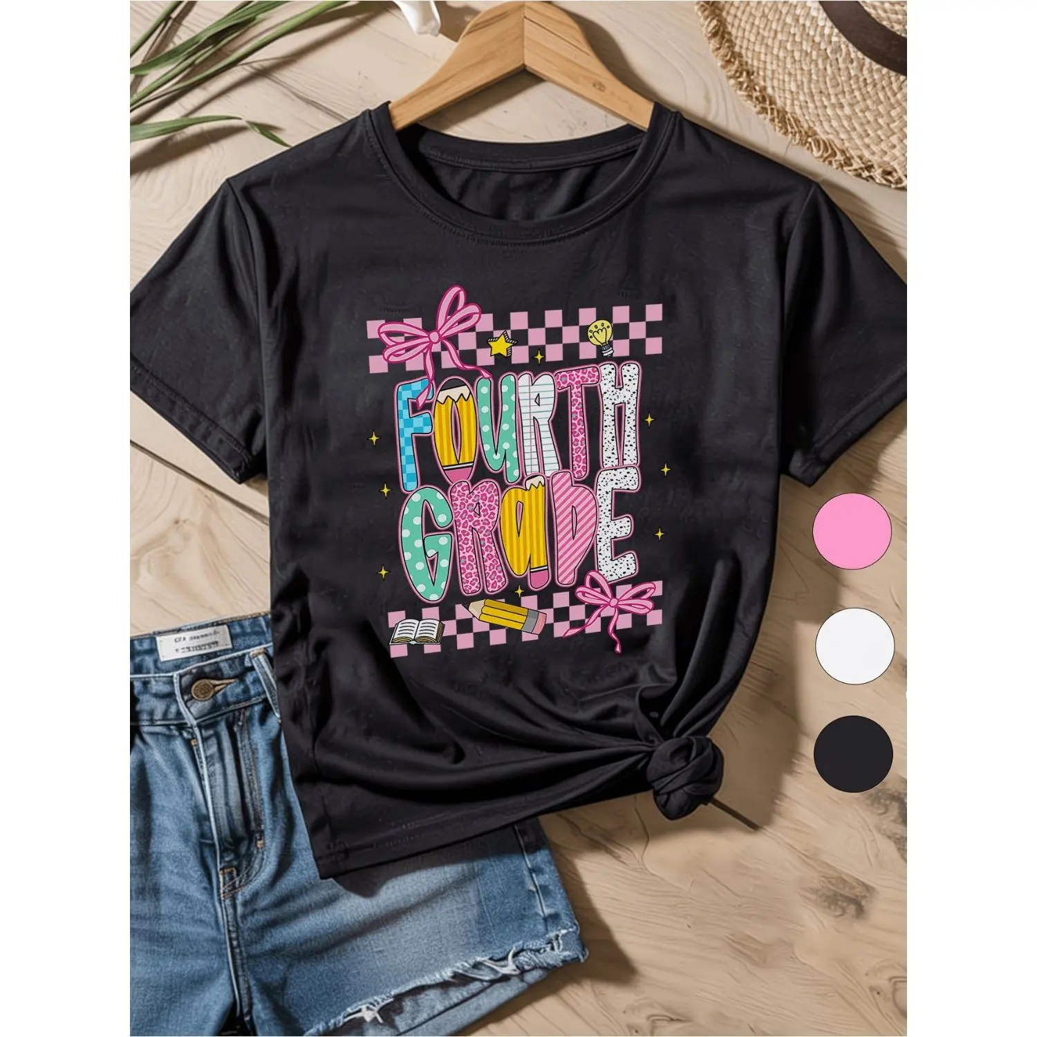 Girls 4th Grade T-Shirt - Cute Fourth Grade Number 4 & Stars Print with Pencil Bow Tie, Pink/Green/Yellow/Purple/White, Comfortable Casual Short Sleeve Top for 10-1 Old Girls, Teacher Gift Idea