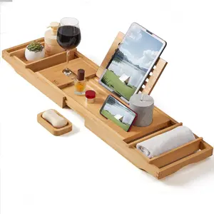 Xce Bamboo Bathtub Caddy Tray - Expandable to 41 Inches with Book Stand, Soap Holder & Anti-Slip Pads for Luxury Bath Spa, Natural XcE