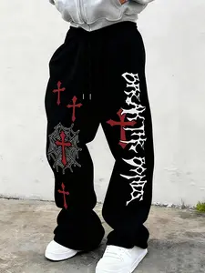 Men's Gothic Cross Spider Web Print Wide Leg Sweatpants, Dark Street Style, Loose Fit, Contrast, Casual Trousers