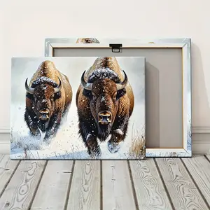 2D Flat, Two Bison Running in Snow Pine Wood Framed Canvas Art - Large Wrapped Canvas Wall Decor with Vibrant HD Print, Art Deco Style for Living Room, Bedroom, Office & Kitchen, Canvas Art Wall Decor, Highdefinition Artwork, 2D Flat