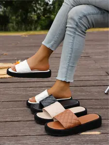 Korean Style Quilted Platform Slide Sandals for Women, Summer Outdoor Thick Sole Beach Slippers
