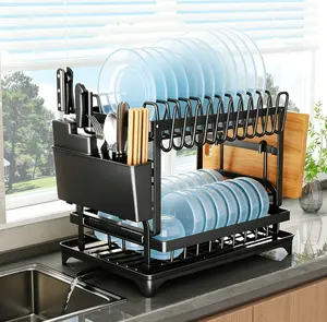 2-Tier Dish Drying Rack, Space-Saving Countertop Organizer for Small Kitchens. Holds Plates, Bowls, Cups and Utensils with Quick Drainage. Sturdy Black Metal Frame, Modern Design, Easy to Clean. Ideal for Apartments and Neat Kitchen Organization