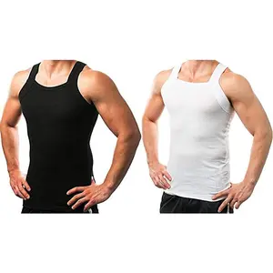 DIFFERENT TOUCH Square Cut Tank Top for Men 2 Pack Cotton Spandex Ribbed  USA Classic Design Tight Fit Ideal for Sports Menswear Fitness