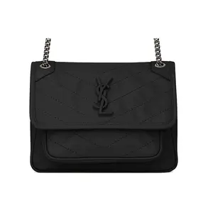 Saint Laurent YSL Niki Baby Mini Crossbody Bag for Women, Vintage Crinkled Silver Chain and Calfskin, Black