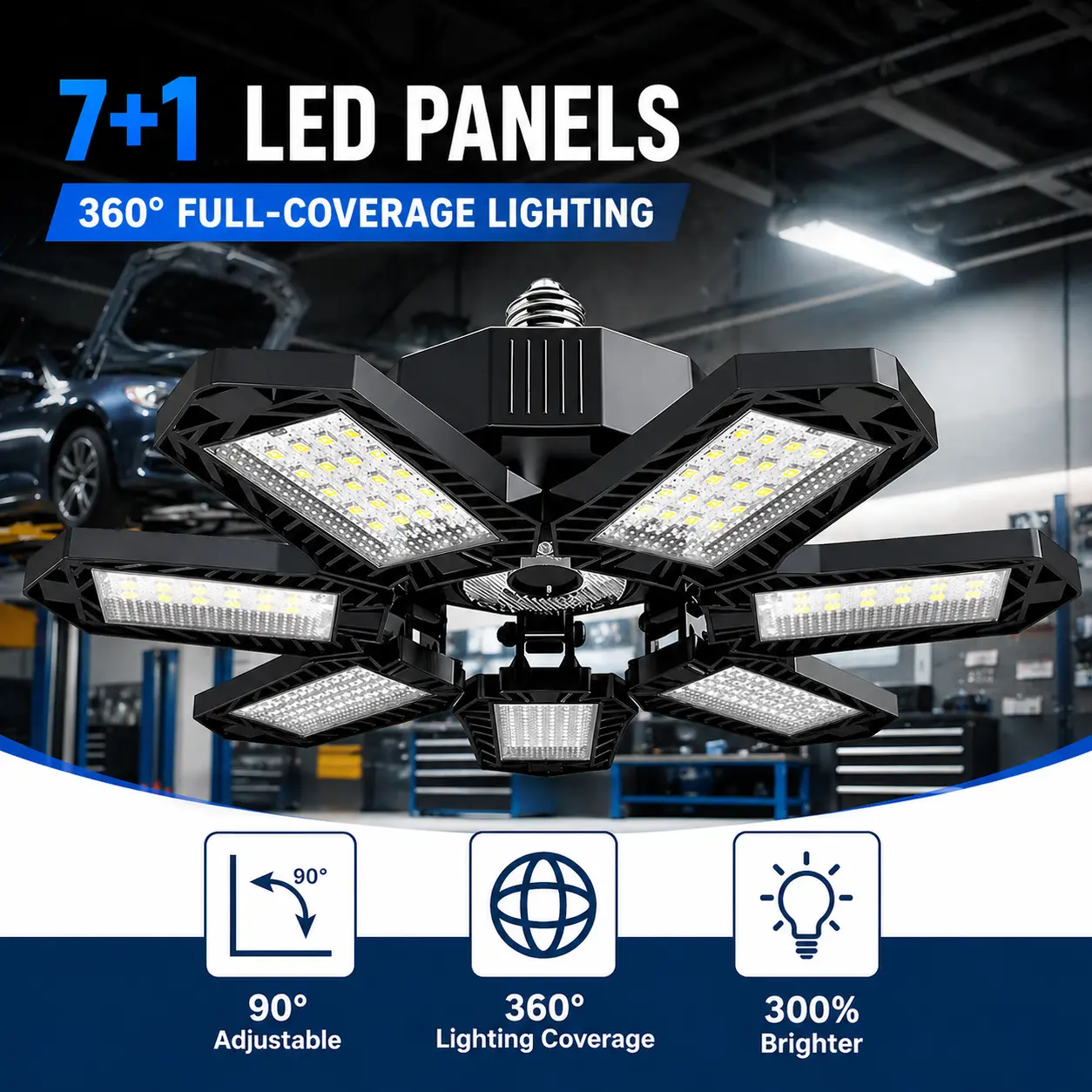 FOLDABLE GARAGE LIGHT – Deformable Bright Shop Ceiling Bulb Lamp for Barn, Warehouse, Garage – 7+1 Panel Foldable Work Light – Easy Installation