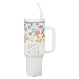 Grace White Wildflower 40 oz Stainless Steel Tumbler with Straw - 2 Corinthians 12:9
