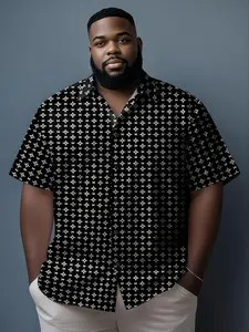 Men's Luxury Style Full Print Short Sleeve Shirt, Summer Collared Casual Loose Fit Top, Asymmetrical Design, All Seasons Wear