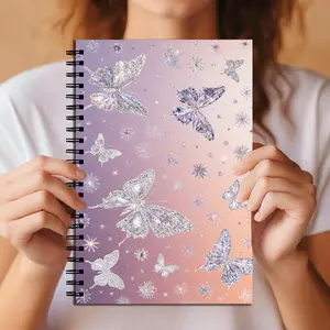 Glitter Butterfly Spiral Notebook, Sparkly Aesthetic Journal, Pastel Gradient Background, Lined Paper, Gift for Women and Girls