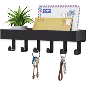 Key Holder Wall Mount Adhesive  -  Key Hooks with Mail Organizer for Wallet House Accessories -  Hanger Rack with Shelf for RV Camper Entryway Door  Living Room Decor Black