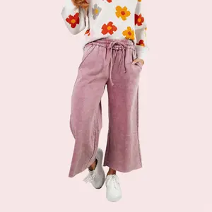 Zenana Women's Wide Leg Cropped Palazzo Sweatpants Lite Rose 4340, Mineral Wash Fleece, Elastic waist drawstring, Raw Hem, Pockets, Comfort Bottom