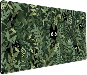 Cute Anime Cartoon Cats Desk Mat Green Leaves Kawaii Mousepad XXL Extended Large Gaming Mouse Pad Cat, Aesthetic Extended Laptop Keyboard Mat Desk Pad for Women Office Gamer Girl Decor 31.5x15.75 in desktop organizer Floral