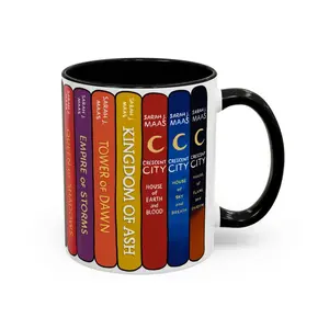Sarah J. Maas book mug featuring Throne of Glass,ACOTAR and Crescent City spines. Perfect for book lovers and fantasy readers.