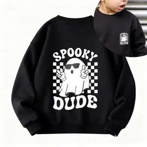 Baby Boys' Halloween Casual Cute Creative Checkered Spooky Dude Ghost Print Short Sleeve Round Neck Sweatshirt Spooky Halloween Boy's Hoodie  Cute Graphic Sweatshirt