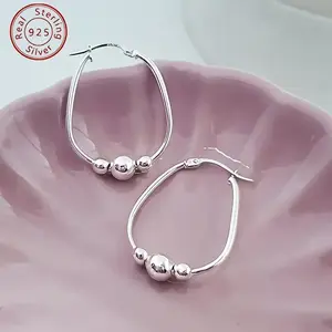 S925 Sterling Silver 3 Bead Hoop Earrings, Drop Bead Hoop Earrings for Women, Exquisite Earrings