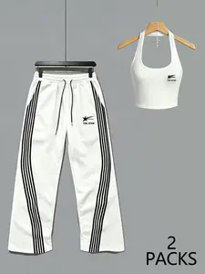 Women's Sporty Casual Two-Piece Set, Retro Vibe, Halter Top & Wide Leg Pants, Breathable Stretch Fabric, All-Season Wear, Athleisure Wear Set