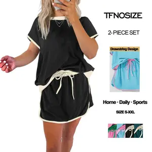 TFNOSIZE Women's 2-Piece Lounge Set - Colorblock Drop Shoulder T-Shirt & Skort - Casual Tracksuit for Summer - Comfortable & Stylish